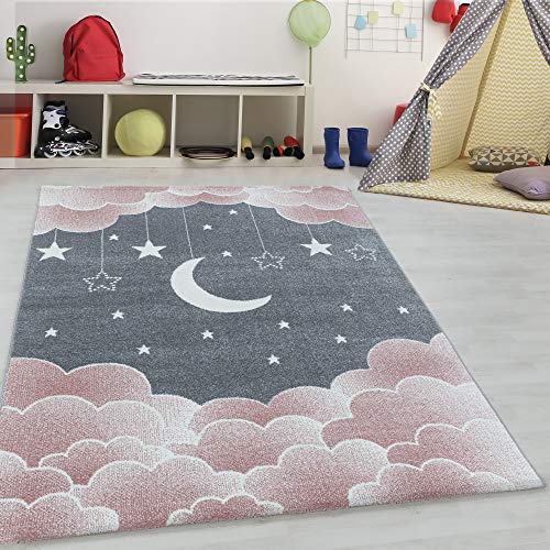 Kurzflor Kinder Teppich Mond und Stern Design Spielteppich Kinderzimmer Babyzimmer Flur Läufer Kinderteppich Weich & Soft Pflegeleicht Rechteckig Teppich in Farbe: Pink, Grösse: 120 x 170 cm von Teppium