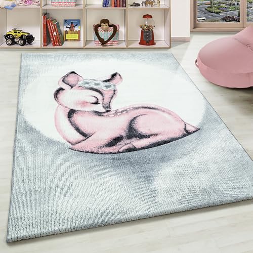 Teppium Kinderteppich für Mädchen und Jungen Rehkitz Design 160 x 230 cm Pink - Waschbarer Teppich Weich, Pflegeleicht und Antiallergen - Teppich für Kinderzimmer, Babyzimmer und Spielzimmer von Teppium
