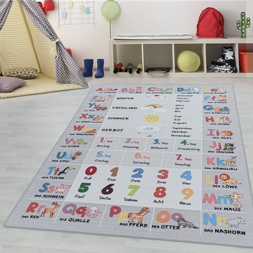 Kinderteppiche für Kinder Alphabet Buchstaben Zahlen Tiere Spielteppich Waschbar Jungen & Mädchen Teppich für Kinderzimmer Babyzimmer Spielzimmer Teppich Farbe: Grau, Grösse: 160 x 230 cm von Teppium