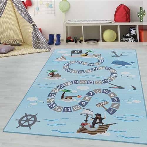 Kinderteppiche für Kinder Lernen Matte Zahlen mit Piratenteppich Spielteppich Waschbar Jungen & Mädchen Teppich für Kinderzimmer Babyzimmer Spielzimmer Teppich Farbe: Blau, Grösse: 100 x 150 cm von Teppium