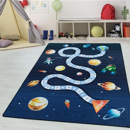 Kinderteppiche für Kinder Lernenmatte Zahlen mit Weltraum Design Spielteppich Waschbar Jungen & Mädchen Teppich für Kinderzimmer Babyzimmer Spielzimmer Teppich Farbe: Marineblau, Grösse: 140 x 200 cm von Teppium