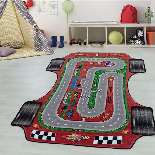 Kinderteppiche für Kinder Rennstrecke Rennauto Design Spielteppich Waschbar Jungen Teppich für Kinderzimmer Babyzimmer Spielzimmer Rechteckig Teppich in Farbe: Rot, Grösse: 100 x 150 cm von Teppium