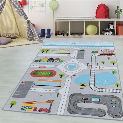 Kinderteppiche für Kinder Straßenteppich Spielteppich Waschbar Weich rutschfest Lernen und Spielen Jungen & Mädchen Teppich für Kinderzimmer Babyzimmer Teppich Farbe: Grau, Grösse: 80 x 120 cm von Teppium