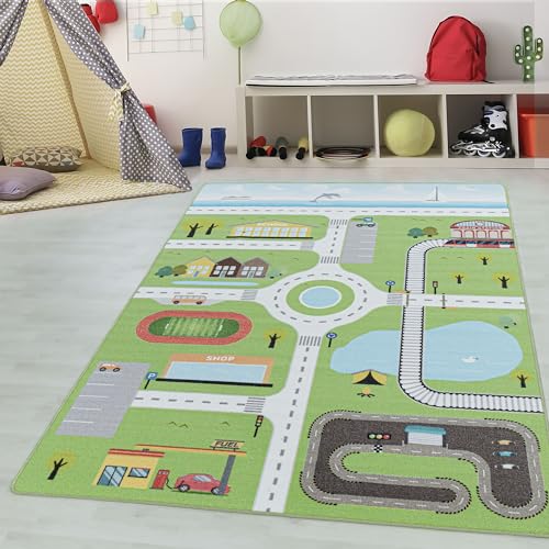 Kinderteppiche für Kinder Straßenteppich Spielteppich Waschbar Weich rutschfest Lernen und Spielen Jungen & Mädchen Teppich für Kinderzimmer Babyzimmer Teppich Farbe: Grün, Grösse: 100 x 150 cm von Teppium
