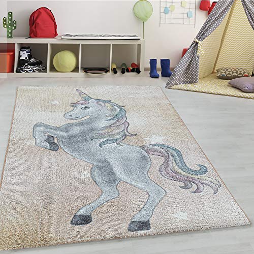 Kurzflor Kinder Teppich Einhorn Design Spiel Teppich Kinderzimmer Babyzimmer Flur Läufer Kinderteppich Weich & Soft Pflegeleicht Rechteckig Teppich in Farbe: Gelb, Grösse: 120 x 170 cm von Teppium