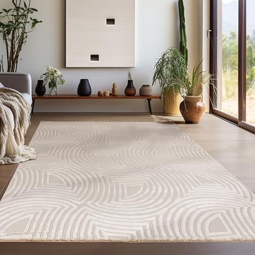 Teppium Moderner Kurzflor Teppich Wohnzimmer 200x300 (200 x 290 cm) Beige - 3D Boho Teppich Waschbar, Skandinavisches Stil, Geometrisch und Weich - für Schlafzimmer, Esszimmer oder Küche von Teppium