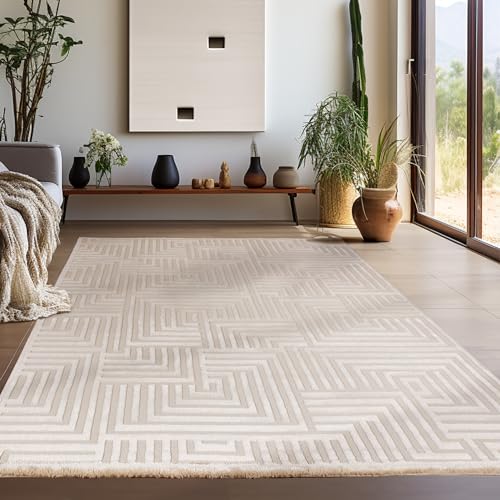 Teppium Moderner Kurzflor Teppich Wohnzimmer 200x300 (200 x 290 cm) Beige - 3D Boho Teppich Waschbar, Skandinavisches Stil, Geometrisch und Weich - für Schlafzimmer, Esszimmer oder Küche von Teppium