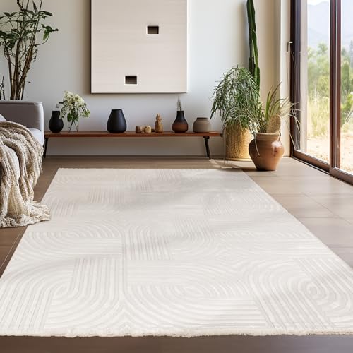 Teppium Moderner Kurzflor Teppich Wohnzimmer 120 x 170 cm Creme - 3D Boho Teppich Waschbar, Skandinavisches Stil, Geometrisch und Weich - für Schlafzimmer, Esszimmer oder Küche von Teppium