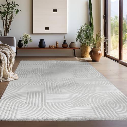 Teppium Moderner Kurzflor Teppich Wohnzimmer 250x350 (240 x 340 cm) Silber - 3D Boho Teppich Waschbar, Skandinavisches Stil, Geometrisch und Weich - für Schlafzimmer, Esszimmer oder Küche von Teppium