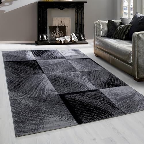 Teppium Moderner Kurzflor Teppich Läufer Flur 80 x 150 cm Schwarz - Flauschiger Teppich Waschbar, Kariert Design, Pflegeleicht, Weich - Ideal als Bettvorleger im Schlafzimmer und Küchenläufer von Teppium