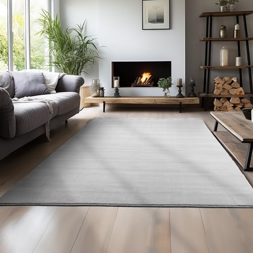 Teppium Waschbarer Teppich Wohnzimmer, Kurzflor rutschfest Flauschig Weich, Einfarbig Silber, Felloptik, Super Soft, Grösse 140 x 200 cm von Teppium