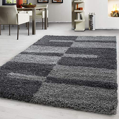 Teppium Shaggy Hochflor Teppich Läufer Flur 80 x 150 cm Grau - Kariertes Flauschiger Teppich, Weich und Pflegeleicht - Ideal als Bettvorleger im Schlafzimmer, Küchenläufer oder Wohnzimmerteppich von Teppium