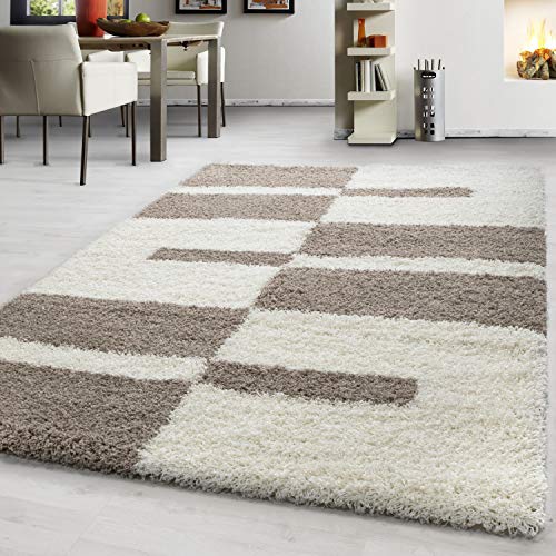 Teppium Moderner Hochflor Teppich Wohnzimmer 120 x 170 cm Beige - Shaggy Flauschiger Teppich, Extra Weich, Pflegeleicht und Kariertes - für Schlafzimmer, Küche und Esszimmer von Teppium