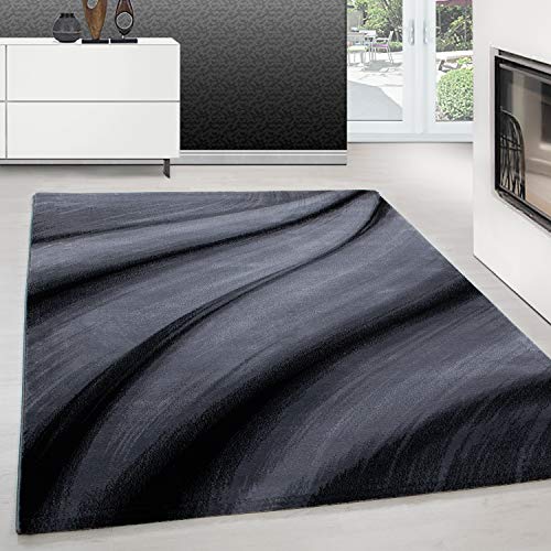 Teppium Moderner Kurzflor Teppich Läufer Flur 80 x 300 cm Schwarz - Flauschiger Teppich Waschbar, Abstrakt Wellen Design, Pflegeleicht, Weich - Ideal lals Bettvorleger im Schlafzimmer und Küchenläufer von Teppium