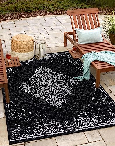 Teppium Outdoor Teppich Wetterfest 80 x 250 cm Schwarz Sisal Optik - Küchenläufer Waschbar, Wasserfest, Vintage Design, Pflegeleicht - Ideal für Balkon, Terassen, Garten, Camping oder Küche von Teppium