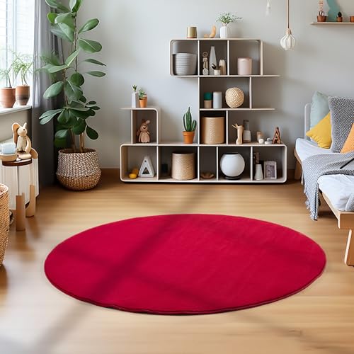 Kurzflor Rund Teppich im modernen Stil Waschbarer Teppich Unicolor & Einfarbig Deko Wohnzimmer Pfegeleicht Flauschiger Teppich für Schlafzimmer Kinderzimmer in Farbe: Rot, Grösse: 200 cm Rund von Teppium