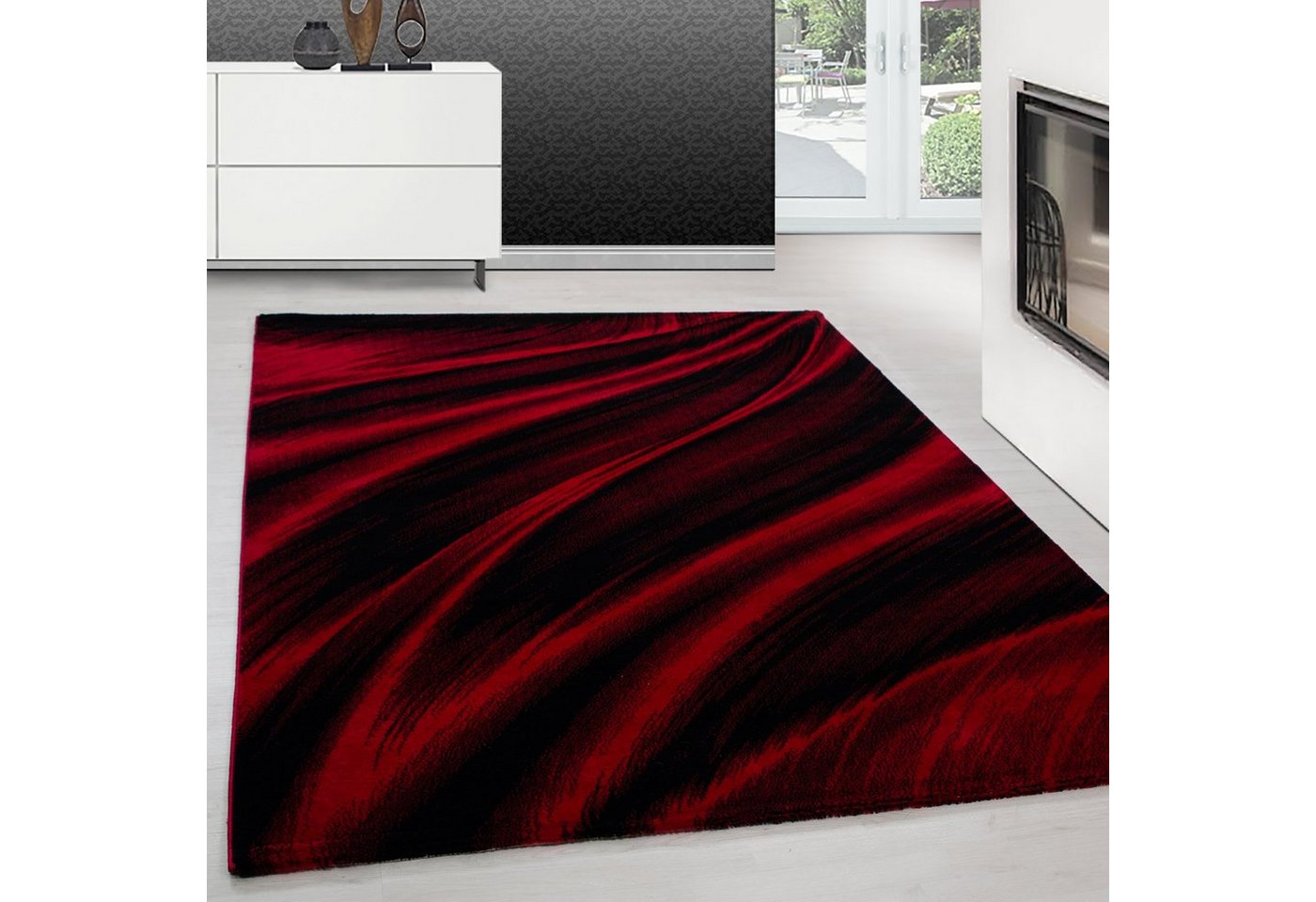 Teppich Abstrakt Wellen Design, Teppium, Rechteckig, Höhe: 12 mm, Kurzflor Teppich Wohnzimmer Abstrakt Wellen Design Rot Pflegeleicht von Teppium