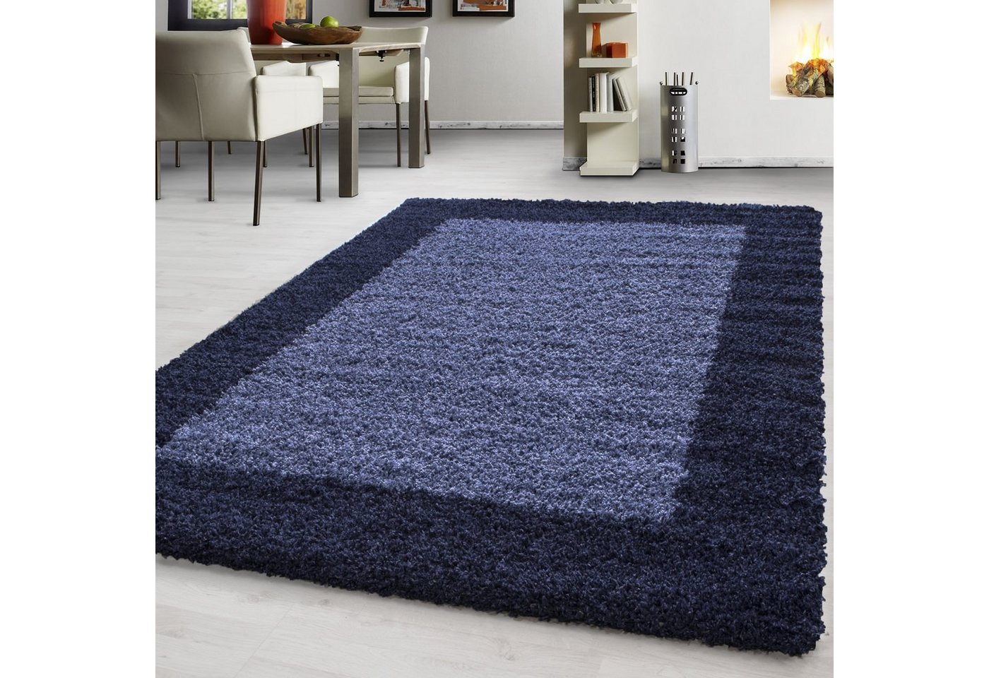 Teppich Bordüre Design, Teppium, Rechteckig, Höhe: 30 mm, Teppich Bordüre Design Marineblau Langflor Shaggy Teppich Wohnzimmer von Teppium