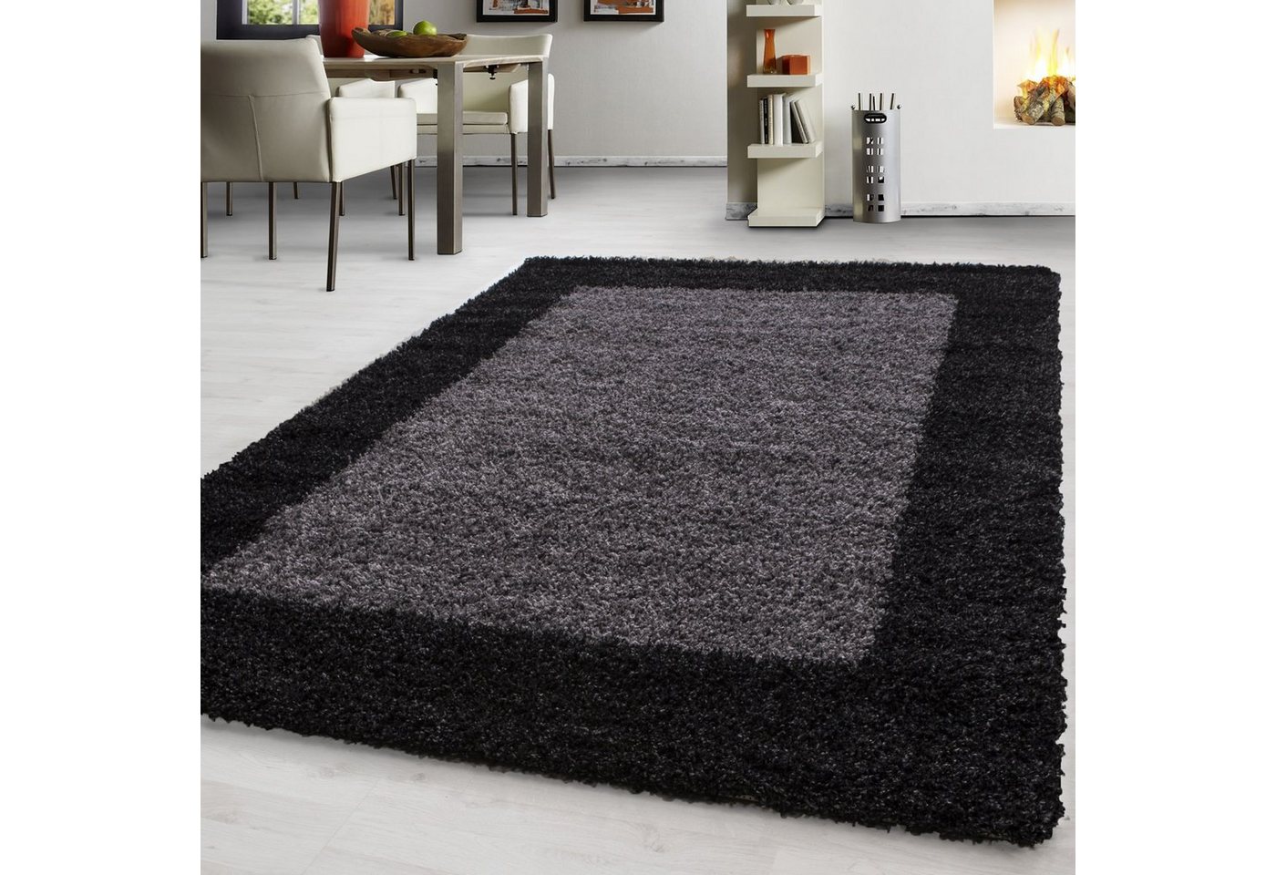 Teppich Bordüre Design, Teppium, Rechteckig, Höhe: 30 mm, Teppich Bordüre Design Schwarz Langflor Shaggy Teppich Wohnzimmer von Teppium