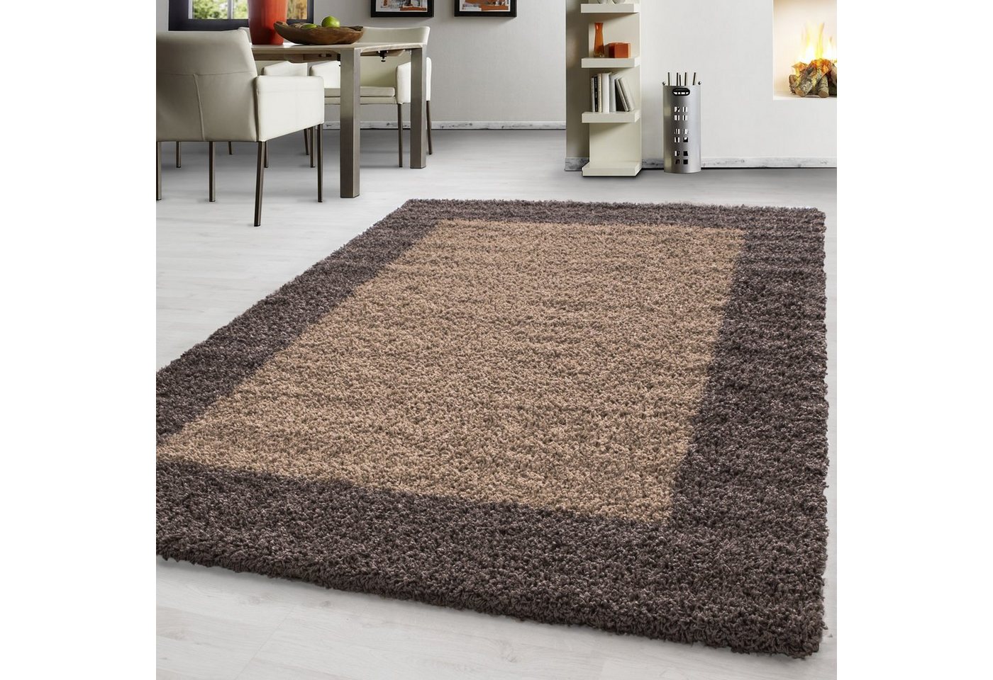 Teppich Bordüre Design, Teppium, Rechteckig, Höhe: 30 mm, Teppich Bordüre Design Taupe Langflor Shaggy Teppich Wohnzimmer von Teppium