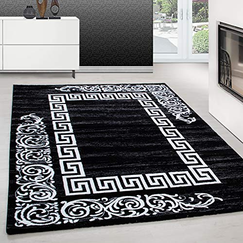 Teppium Moderner Kurzflor Teppich Läufer Flur 80 x 150 cm Schwarz - Flauschiger Teppich Waschbar, Mäander-Design, Pflegeleicht, Weich - Ideal lals Bettvorleger im Schlafzimmer und Küchenläufer von Teppium