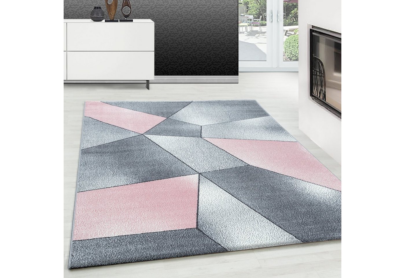 Teppich Geometrisch Design, Teppium, Rechteckig, Höhe: 10 mm, Modern Kurzflor Teppiche Geometrisch Design Rosa Teppich Wohnzimmer von Teppium