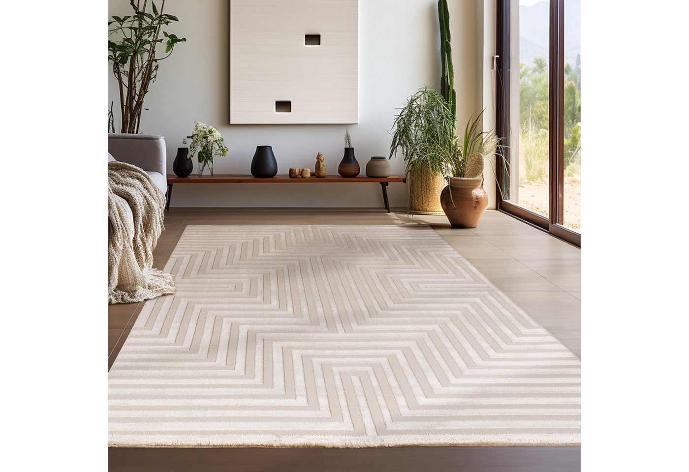 Teppich Geometrisch Design, Teppium, Rechteckig, Höhe: 12 mm, Teppich Wohnzimmer Boho Design Skandinavische Stil Natur Optik von Teppium