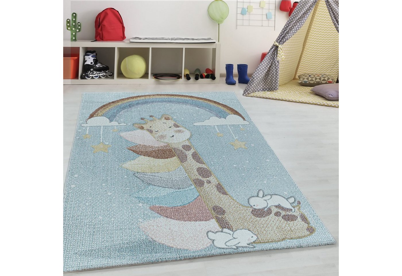 Teppich Giraffen-Design, Teppium, Rechteckig, Höhe: 9 mm, Kinderteppich Giraffe-Design Blau Pflegeleicht Teppich Kinderzimmer von Teppium