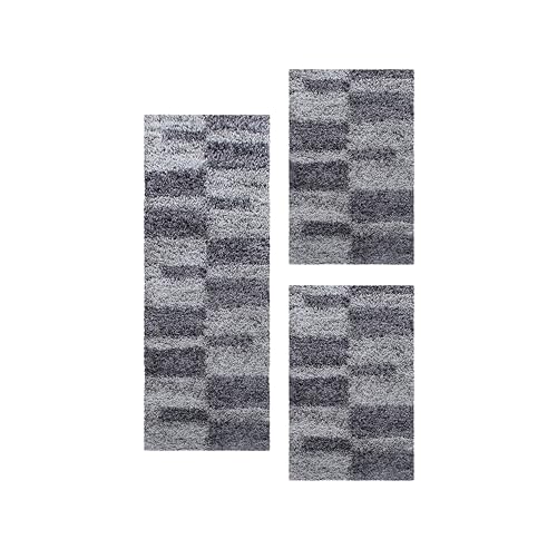 Teppich Hochflor Bettumrandung Läufer Set Kariert Design 3-Teilig Shaggy Teppich, Grau, 2 St. 60x110 cm | 1 St. 80x150 cm von Teppium