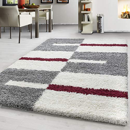 Teppium Moderner Hochflor Teppich Wohnzimmer 160x230 cm Rot - Shaggy Flauschiger Teppich, Extra Weich, Pflegeleicht und Kariertes - für Schlafzimmer, Küche und Esszimmer von Teppium