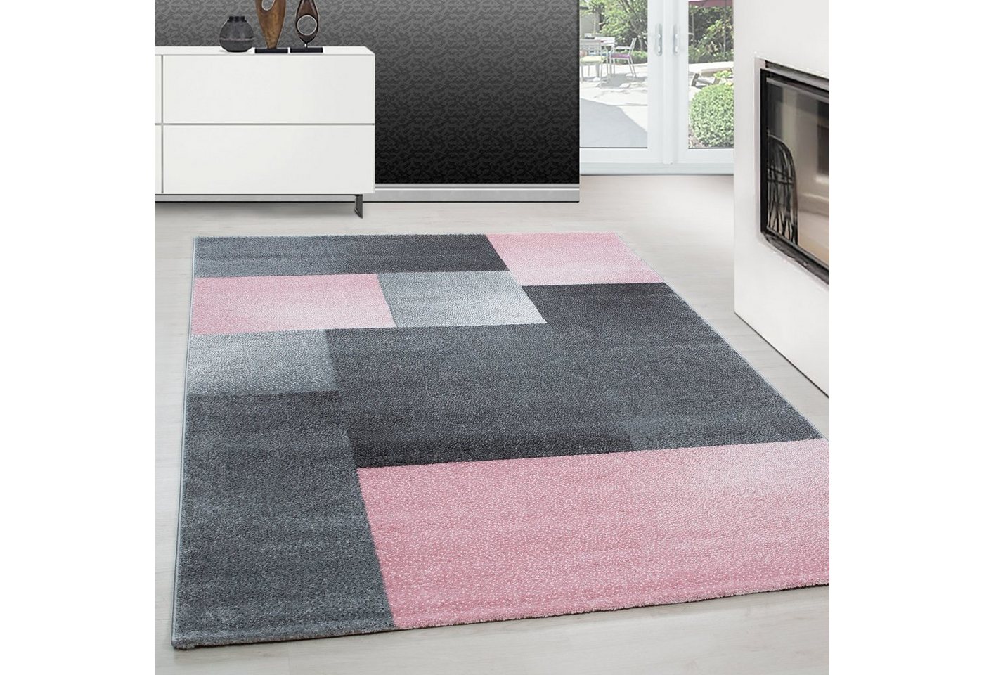 Teppich Kariert Design, Teppium, Rechteckig, Höhe: 11 mm, Kurzflor Teppich Wohnzimmer Kariert Design Rosa Teppich im modern Stil von Teppium