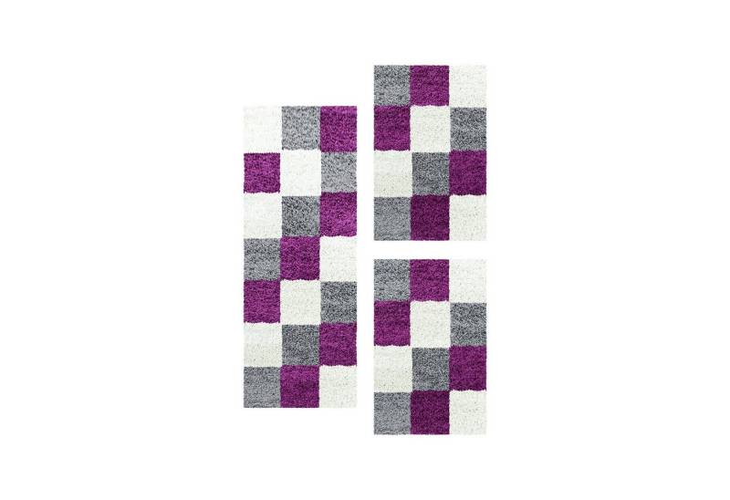 Teppium Teppich Kariert Design, Rechteckig, Höhe: 30 mm, Schlafzimmer Teppich Bettumrandung Läufer Set 3 teilig Lila von Teppium