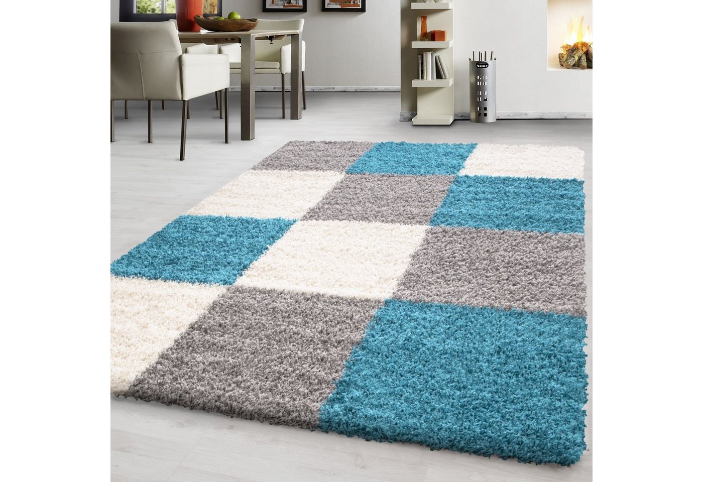 Teppich Kariert Design, Teppium, Rechteckig, Höhe: 30 mm, Teppich Wohnzimmer Türkis Blau Kariert Design Modern Shaggy Langflor von Teppium