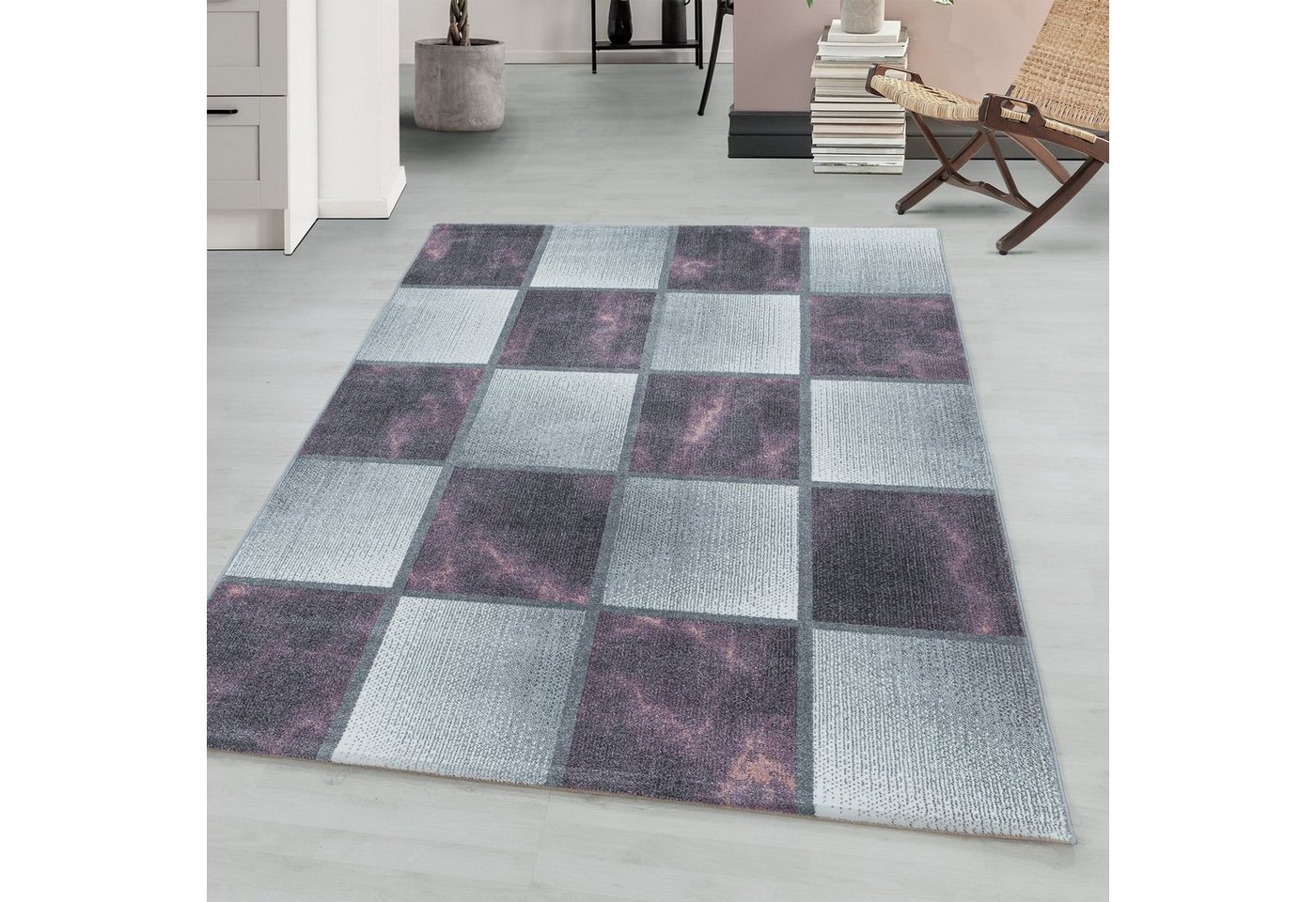 Teppich Kariert Design, Teppium, Rechteckig, Höhe: 8 mm, Kurzflor Teppich Wohnzimmer Kariert Design Violett verschidene größen von Teppium