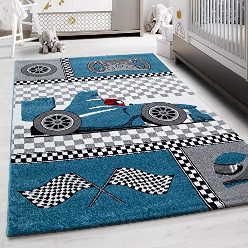 Kinderteppich Rennwagen Muster Spielteppich Weich & Soft Babyzimmer Spielzimmer Kinderzimmer Teppich Kurzflor Flauschig Pflegeleicht Weich rutschfest Farbe: Blau, Grösse: 160 x 230 cm von Teppium