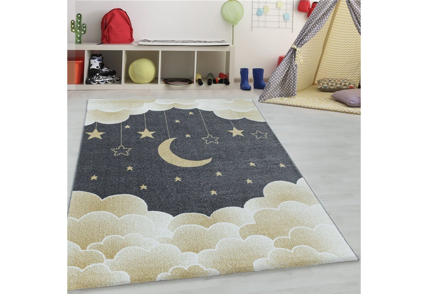 Teppich Mond- und Sterne Design, Teppium, Rechteckig, Höhe: 11 mm, Teppich Kinderzimmer Mond- und Sterne Design Pflegeleicht von Teppium