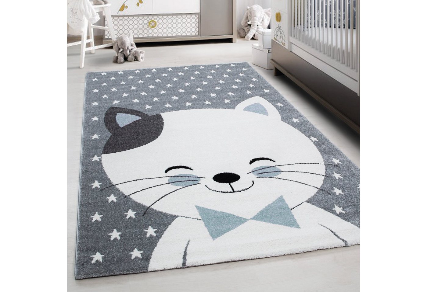 Teppich Niedliches Katze design, Teppium, Rund, Höhe: 11 mm, Kinderteppich Katze Design Blau Baby Teppich Kinderzimmer Pflegeleicht von Teppium