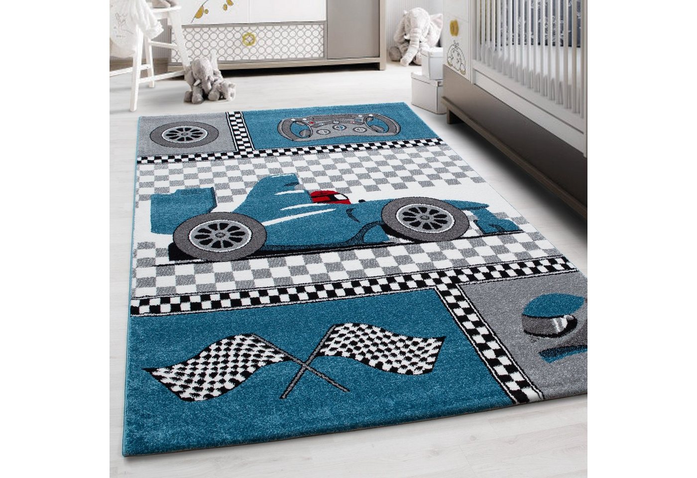 Teppich Rennwagen, Teppium, Rechteckig, Höhe: 11 mm, Kinderteppich Rennwagen Teppich Baby Teppich Kinderzimmer Pflegeleicht von Teppium