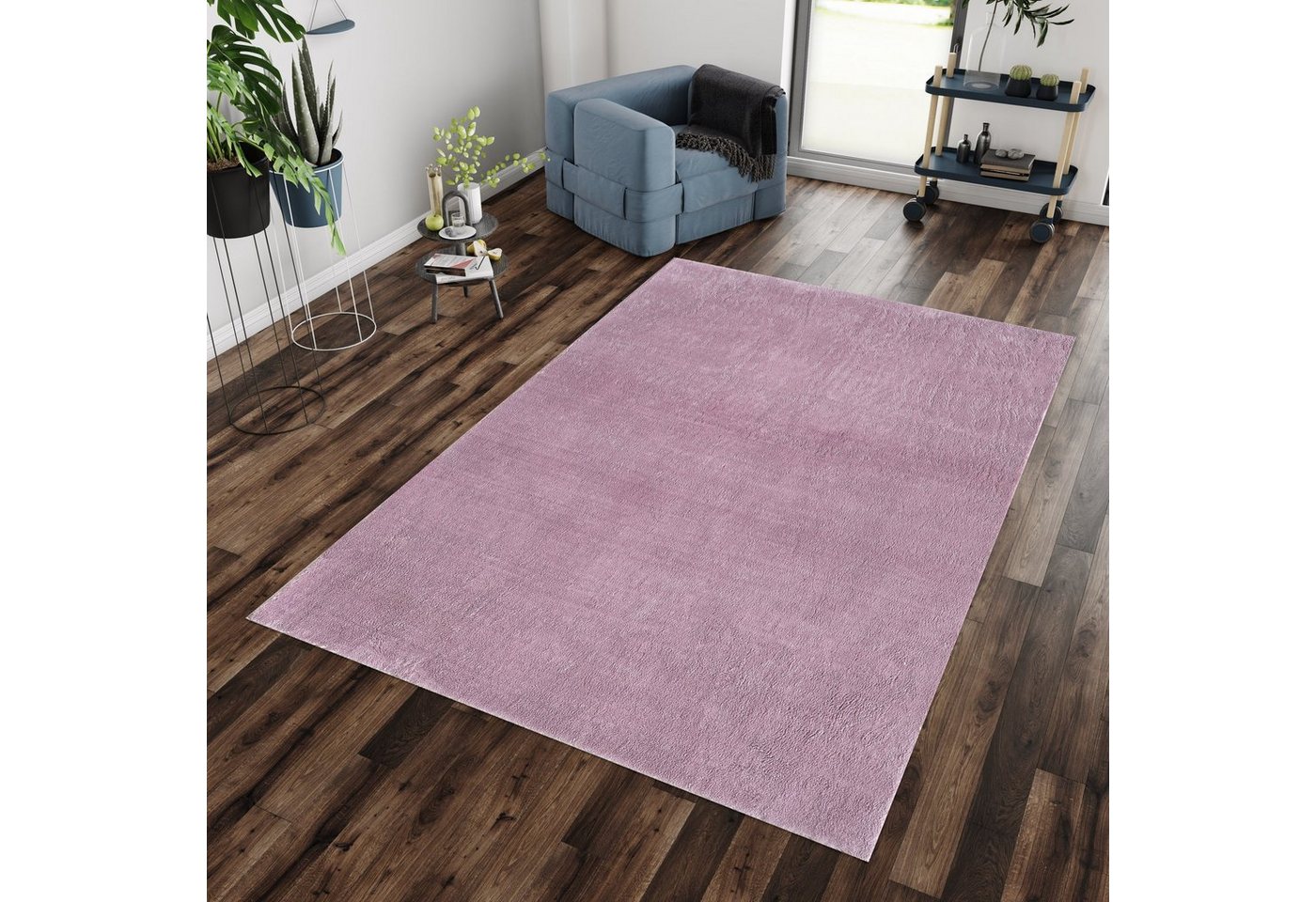 Teppich Unicolor - Einfarbig, Teppium, Rechteckig, Höhe: 25 mm, Teppich Wohnzimmer Einfarbig Violett Kunstfell Plüsch Shaggy Waschbar von Teppium