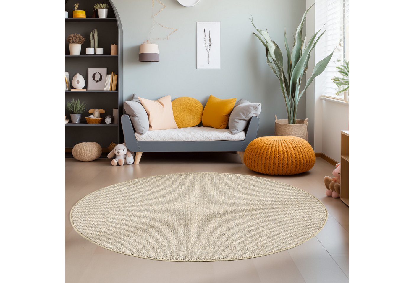 Teppich Unicolor - Einfarbig, Teppium, Rund, Höhe: 7 mm, Runder Kurzflor Schlingen Teppich Beige Wohnzimmer Teppich von Teppium