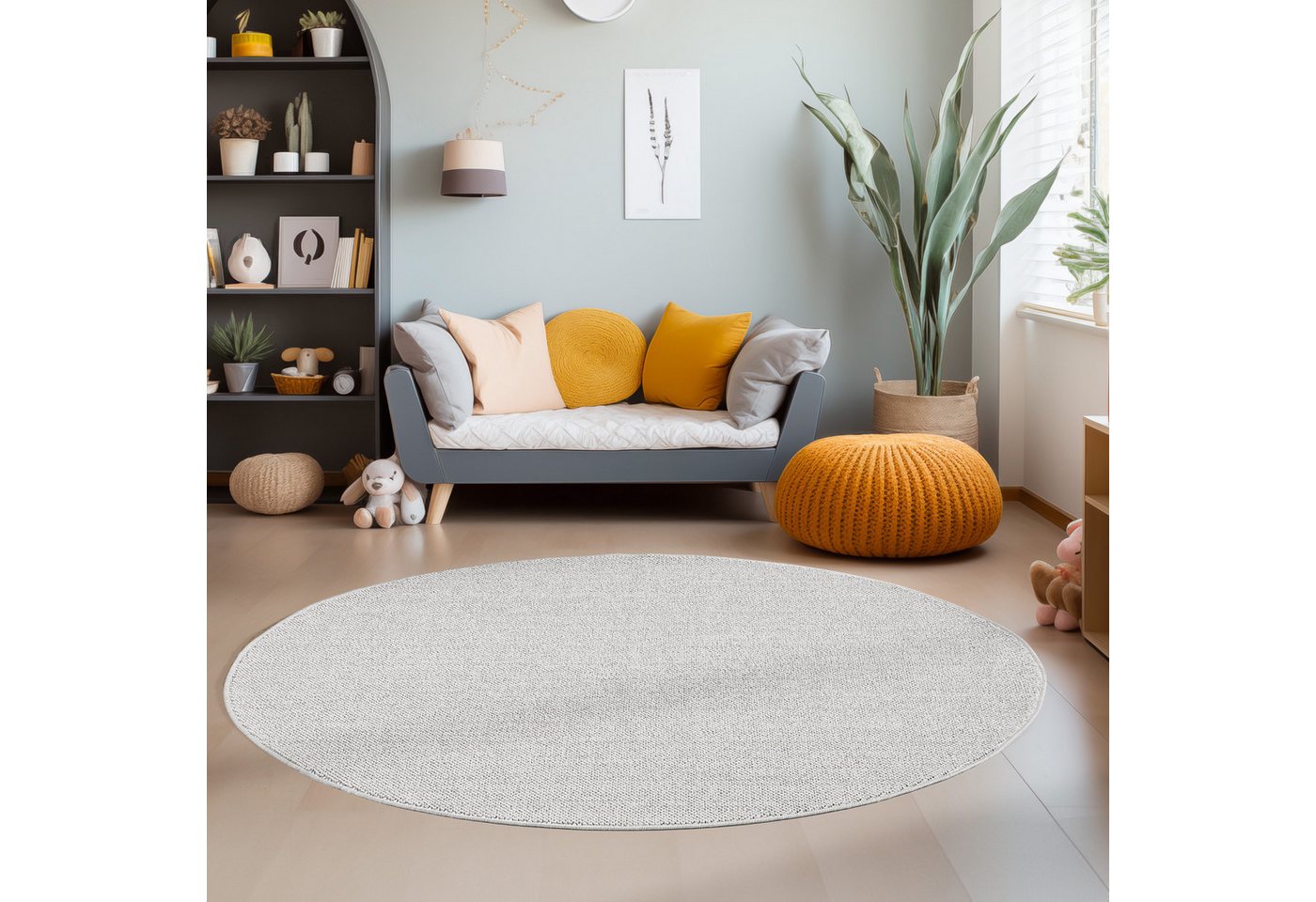Teppich Unicolor - Einfarbig, Teppium, Rund, Höhe: 7 mm, Runder Kurzflor Schlingen Teppich Silber Wohnzimmer Teppich von Teppium