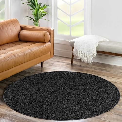 Teppium Moderner Kurzflor Teppich Wohnzimmer 160 cm Rund Anthrazit - Waschbarer Teppich Dichtere, Flauschig, Extra Weich und Einfarbig - für Schlafzimmer, Esszimmer oder Küche von Teppium