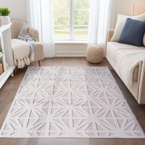 Teppium Indoor Outdoor Teppich, 3D Optik, Rauten Design, waschbar, wetterbeständig, Natur Creme, 80x150 cm von Teppium