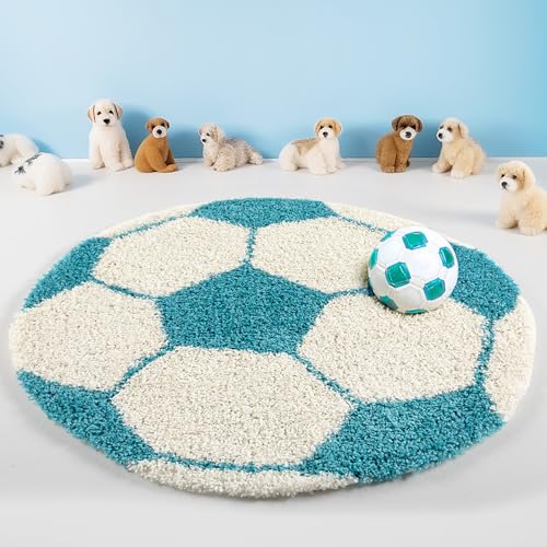 Teppium Kinderteppich Hochflor 100 cm Rund Türkis - Fussball Teppich für Jungen und Mädchen, Extra Weich, Flauschig und 30 mm Florhöhe - Runder Teppiche fürs Kinderzimmer, Babyzimmer und Spielzimmer von Teppium