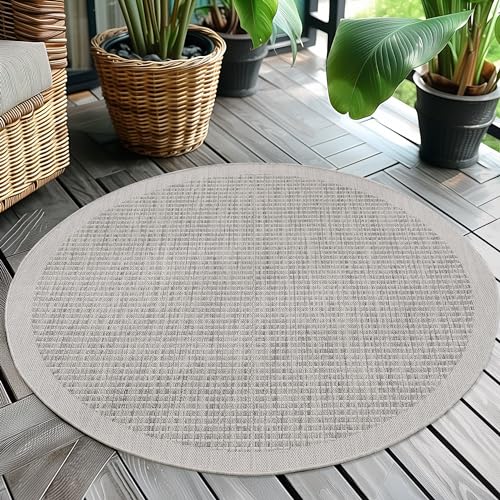 Teppium Modern Outdoor Teppich Wetterfest 200 cm Rund Grau- Flachgewebe Sisaloptik Balkon Teppich Wasserfest - Waschbarer Teppich für Garten, Terrasse, Camping und Küche von Teppium