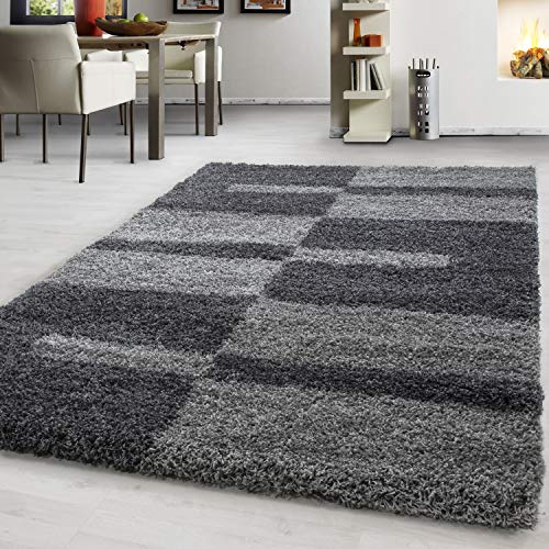 Teppium Moderner Hochflor Teppich Wohnzimmer 200x300 (200 x 290 cm) Grau - Shaggy Flauschiger Teppich, Extra Weich, Pflegeleicht und Kariertes - für Schlafzimmer, Küche und Esszimmer von Teppium