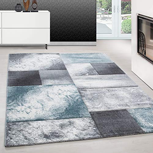 Teppium Moderner Kurzflor Teppich Läufer Flur 80 x 150 cm Blau - Konturenschnitt Teppich Waschbar, Kariert Design, Pflegeleicht und Weich - Ideal als Bettvorleger im Schlafzimmer und Küchenläufer von Teppium