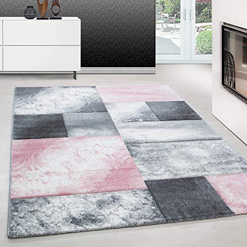 Teppium Moderner Kurzflor Teppich Läufer Flur 80 x 150 cm Pink - Konturenschnitt Teppich Waschbar, Kariert Design, Pflegeleicht und Weich - Ideal als Bettvorleger im Schlafzimmer und Küchenläufer von Teppium
