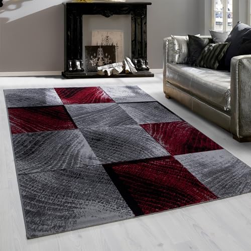 Teppium Moderner Kurzflor Teppich Läufer Flur 80 x 150 cm Rot - Flauschiger Teppich Waschbar, Kariert Design, Pflegeleicht, Weich - Ideal als Bettvorleger im Schlafzimmer und Küchenläufer von Teppium