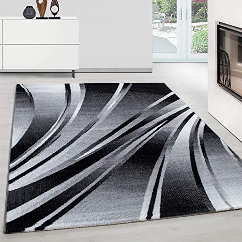 Teppium Moderner Kurzflor Teppich Läufer Flur 80 x 150 cm Schwarz - Teppich Waschbar, Abstrakt Wellen Design, Pflegeleicht und Weich - Ideal als Bettvorleger im Schlafzimmer und Küchenläufer von Teppium